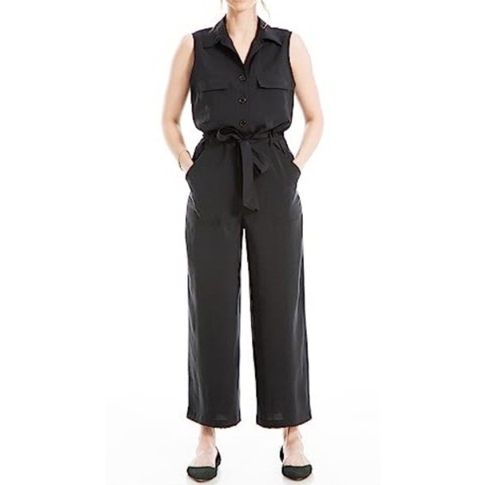 Max Studio Women's Black Sleeveless With Waist Tie Collared Jumpsuit Size S